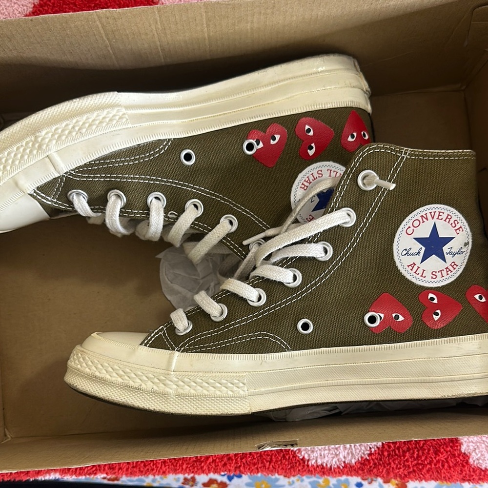 Comme Des Garçons Converse Olive High-Tops with Red Heart Details
